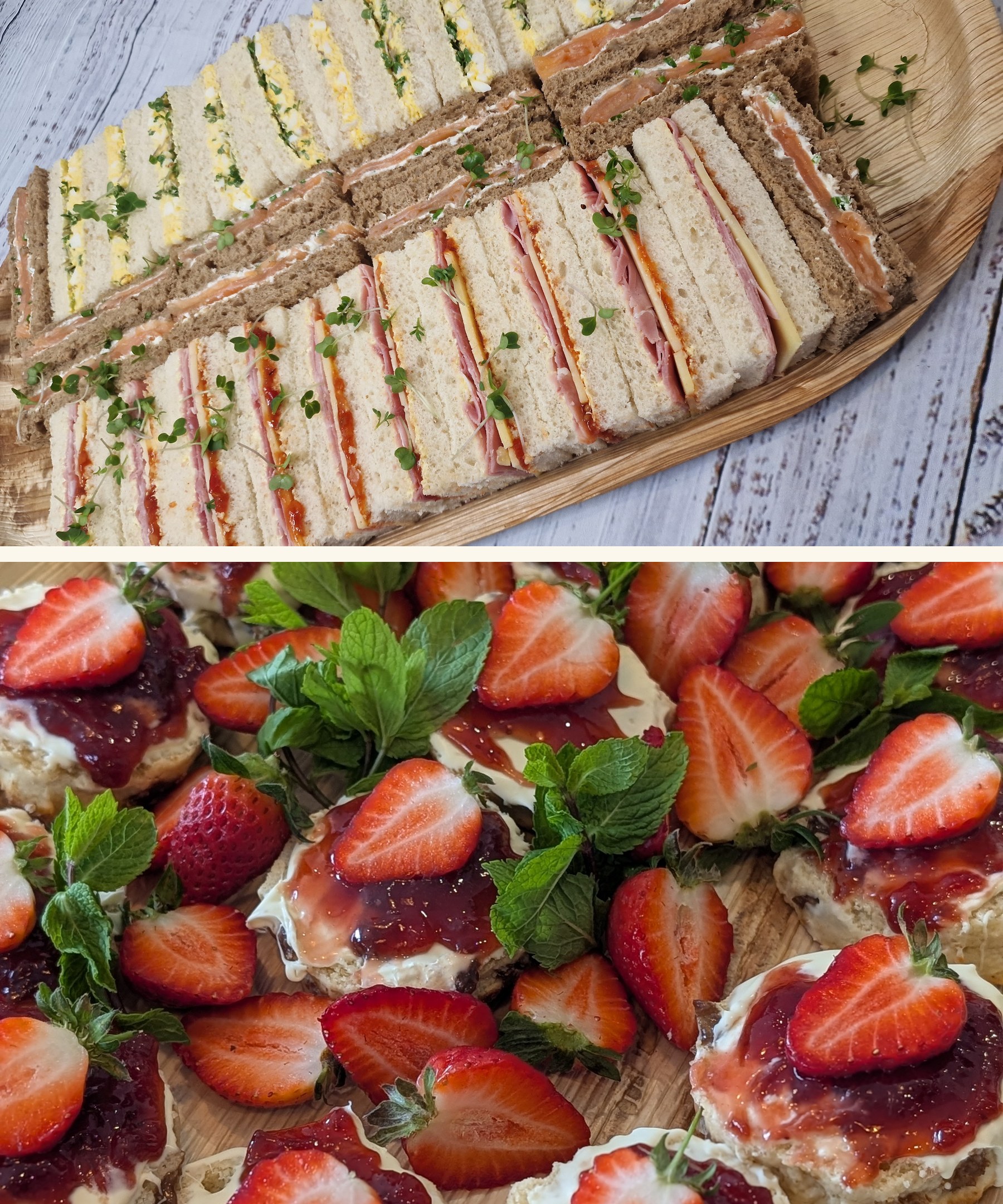 Afternoon Tea platter — finger sandwiches and strawberry scones